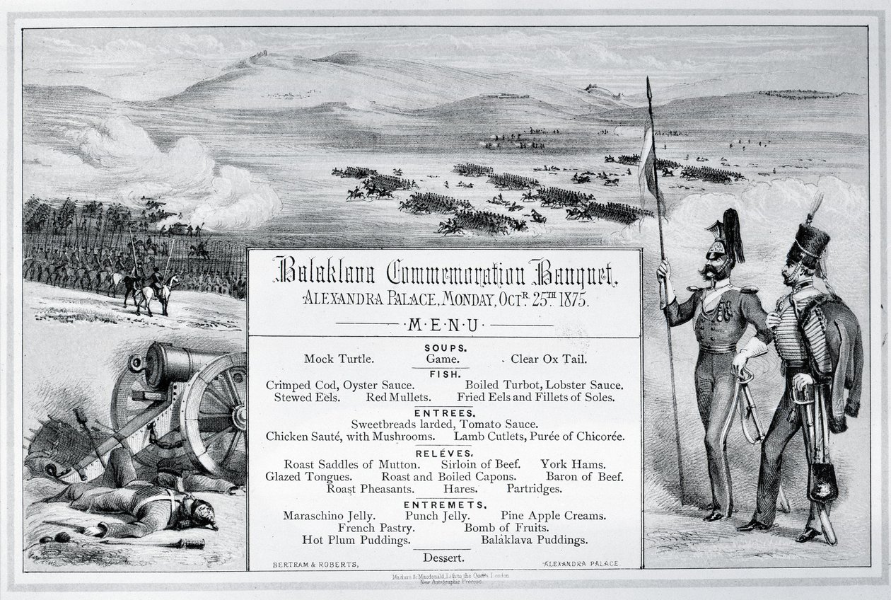 Az Alexandra Palotában 1875. október 25-én megtartott Balaklava megemlékezési bankett falra szerelt illusztrált menüje (metszet) alkotó: English School