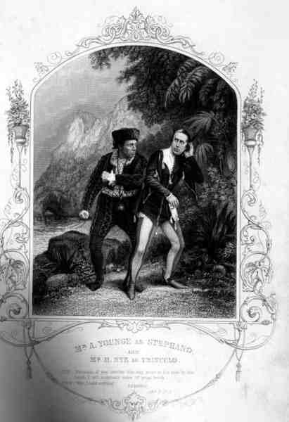 Mr. A. Younge mint Stephano és Mr. N. Hye mint Trinculo, III. felvonás 2. jelenet, A viharban, William Shakespeare (1564-1616) G. Greatbach metszete J. P. Mayall (1810-1901) dagerrotípiájából (metszet) alkotó: English School