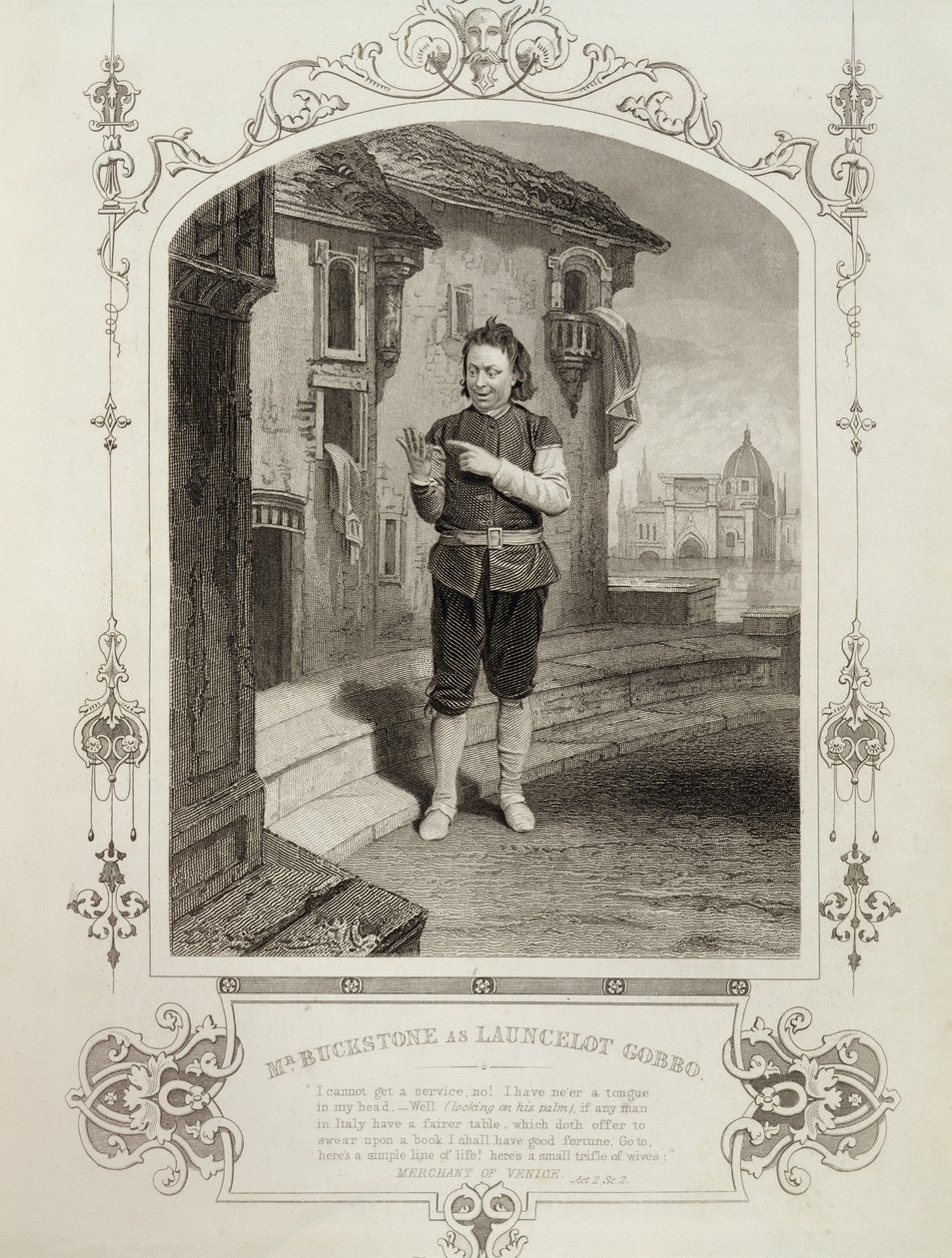 Mr Buckstone mint Lancelot Gobbo, II. felvonás 2. jelenet, William Shakespeare (1564-1616) A velencei kereskedő című filmben alkotó: English School