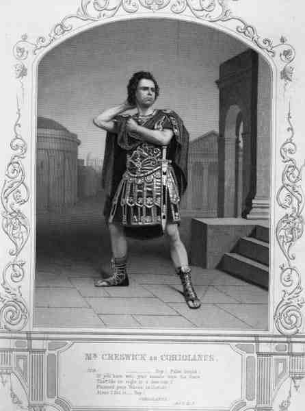 Mr Creswick mint Coriolanus, V. felvonás, 5. jelenet, William Shakespeare (1564-1616) darabjában (metszet) alkotó: English School