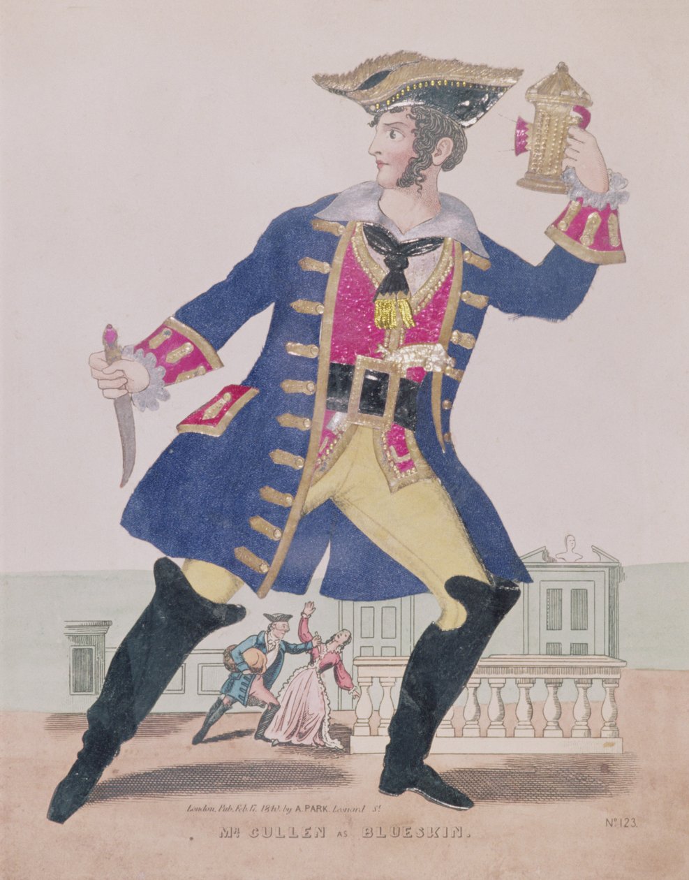 Mr. Cullen Kékbőr (Kékszakállú) szerepében, kocsma. 1810 (metszet és kollázs) alkotó: English School