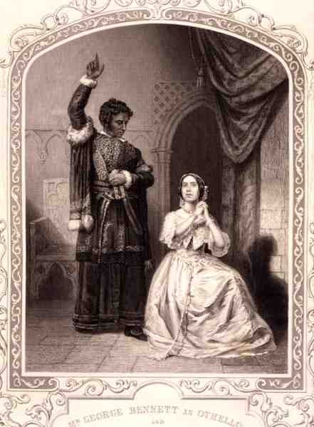 George Bennett úr Othelloként és Jane Bennett Desdemona, IV. felvonás 2. jelenet, William Shakespeare (1564-1616) Othello című filmjében (metszet) alkotó: English School
