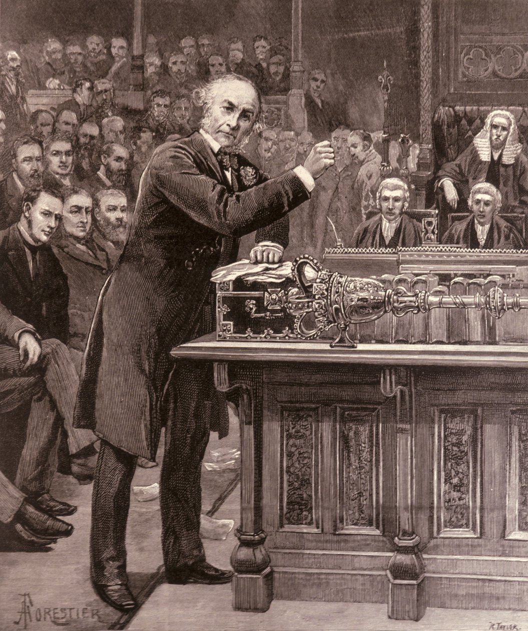 Mr. Gladstone elmagyarázza az alsóháznak az ír kormányra vonatkozó tervét a „The Illustrated London News”-ból, 1886. április 17. alkotó: English School