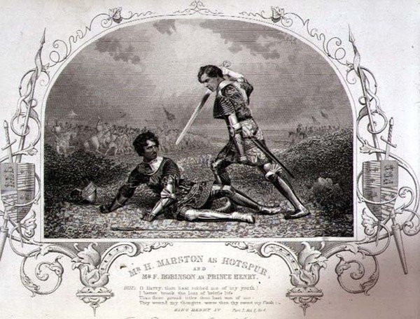 Mr. H. Marston mint Hotspur és Mr. F. Robinson mint Henry herceg, V. felvonás 4. jelenet IV. Henriktől (I. rész) Paine of Islington, pub daguerrotípiájából. szerző: John Tallis & Co. (litho) alkotó: English School