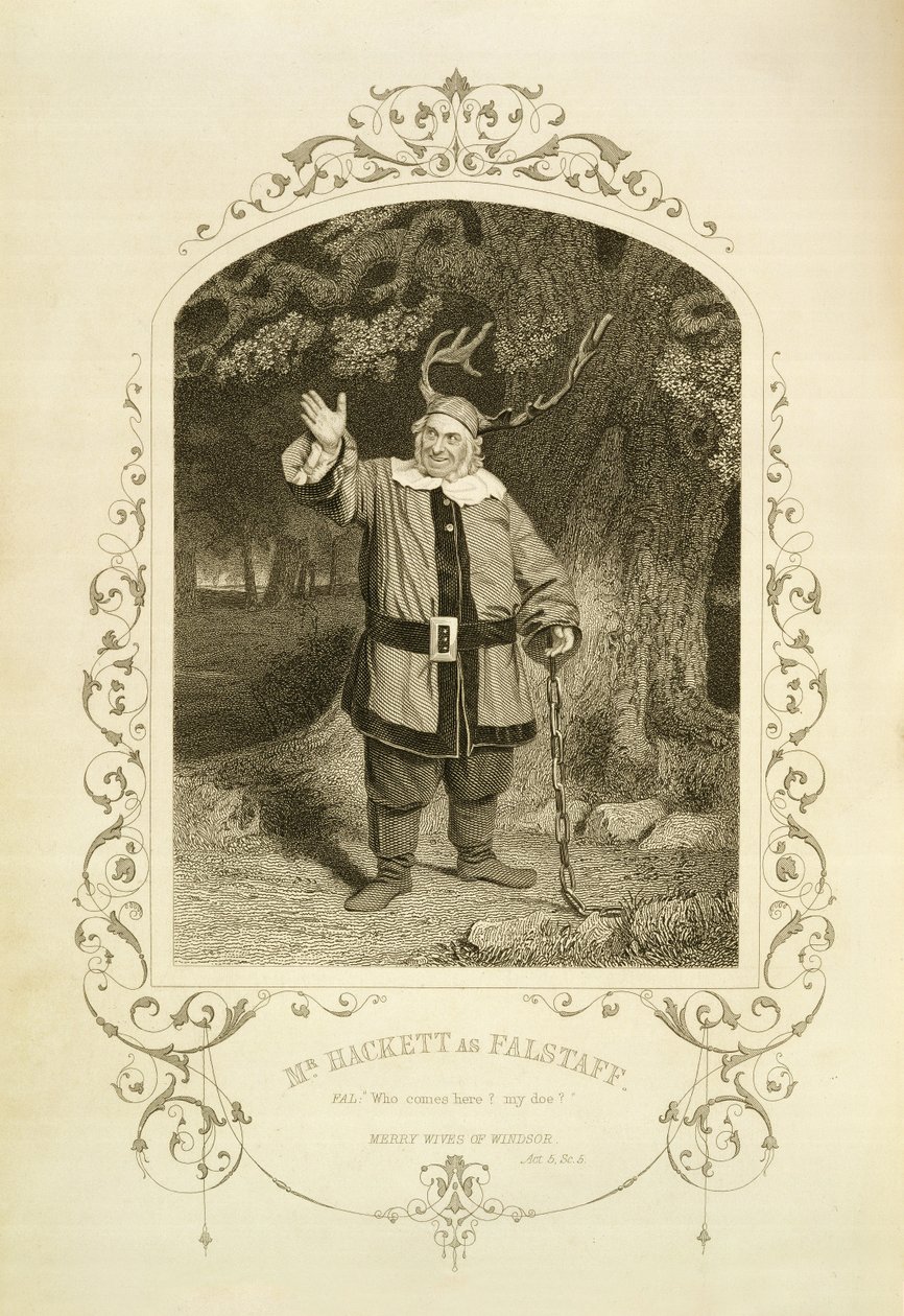 Mr Hackett mint Falstaff, V. felvonás 5. jelenet, William Shakespeare (1564-1616) Windsori vidám feleségeiben, George Hollis (1792-1842) metszetében J. P. Mayall (1810-1901) dagerrotípiájából (metszet) alkotó: English School