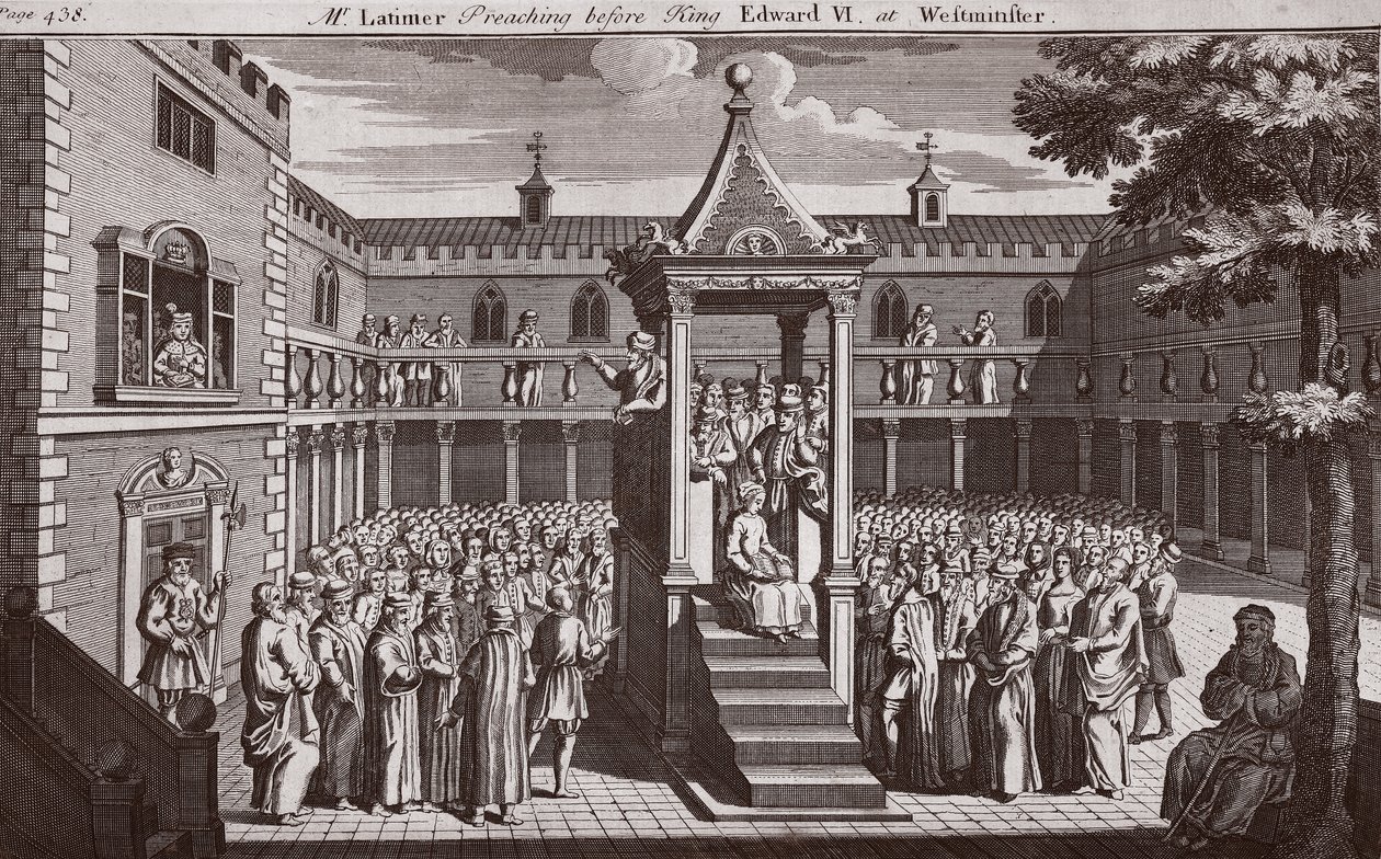 Latimer úr prédikál VI. Edward király előtt Westminsterben, illusztráció a Foxes Martyrs c.1703-ból alkotó: English School