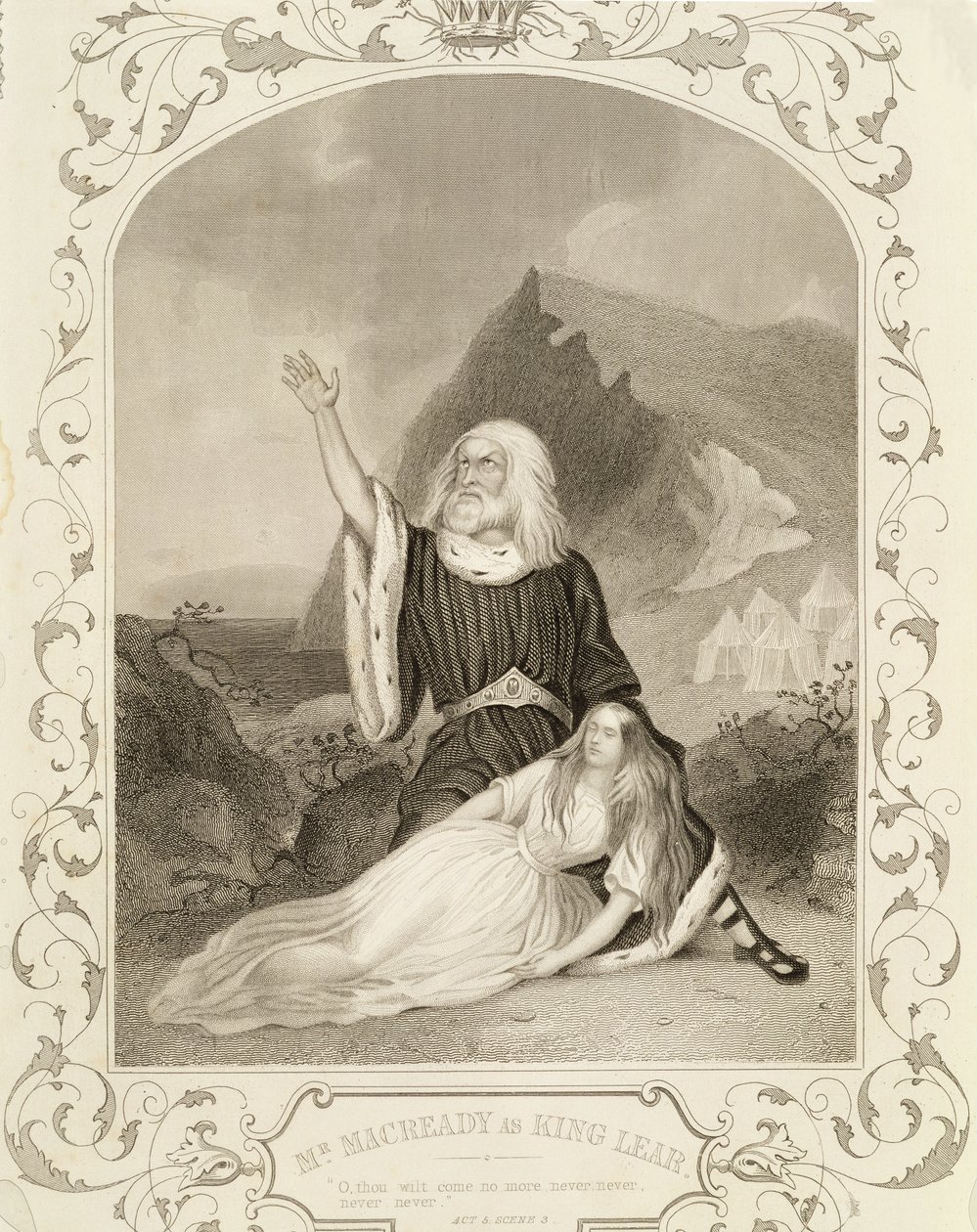Mr Macready Lear király szerepében, V. felvonás 3. jelenet William Shakespeare (1564-1616) drámájában alkotó: English School