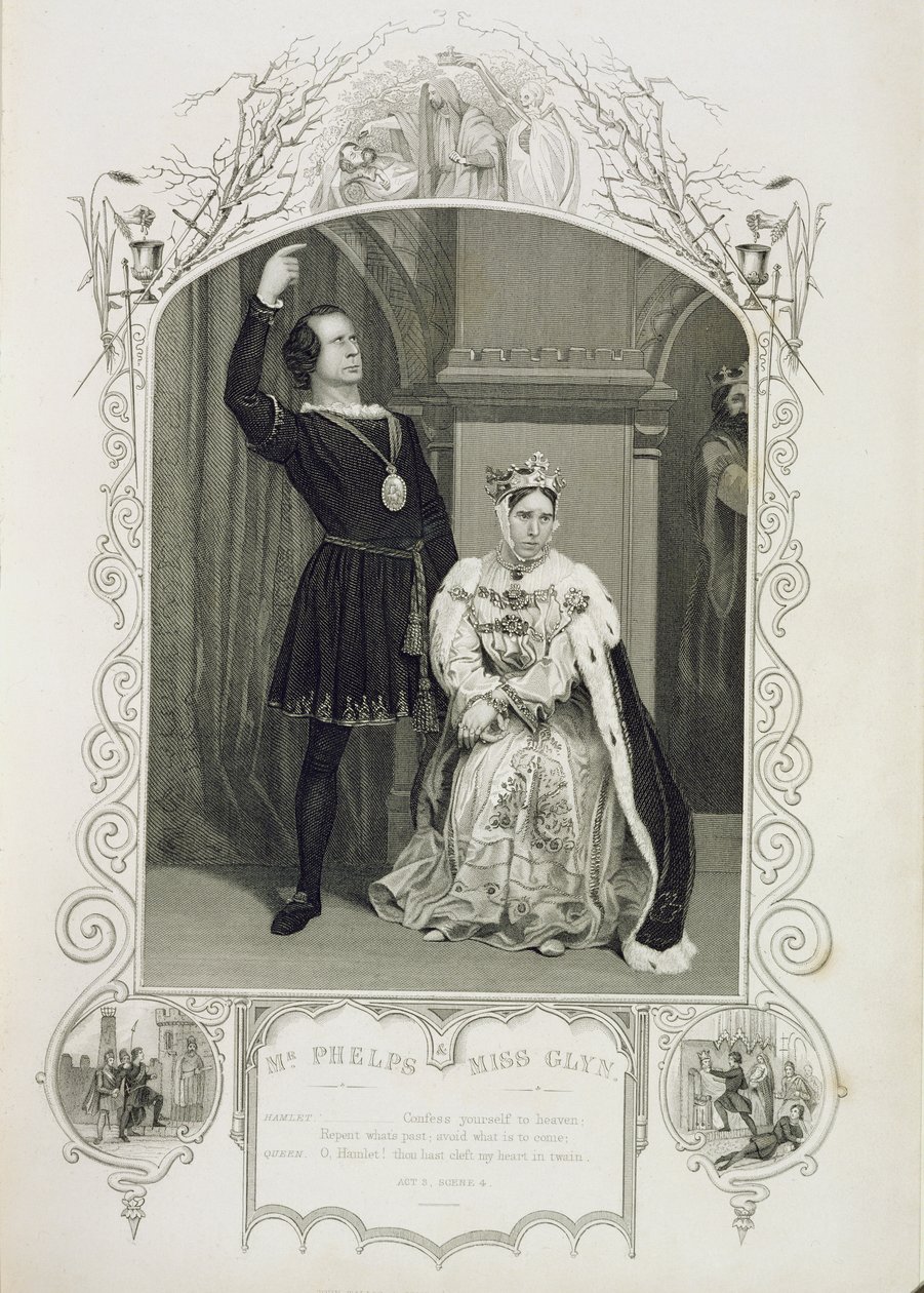 Mr. Phelps mint Hamlet és Miss Glyn mint Gertrude királynő, III. felvonás 4. jelenet, William Shakespeare Hamletjében (1564-1616) alkotó: English School