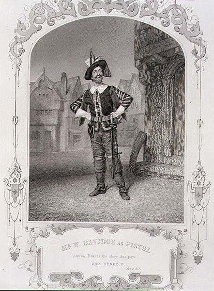Mr. W. Davidge pisztolyként, II. felvonás, V. Henrik király 1. jelenete, egy dagerrotípiából, kocsmából. szerző: John Tallis & Co. (litho) alkotó: English School