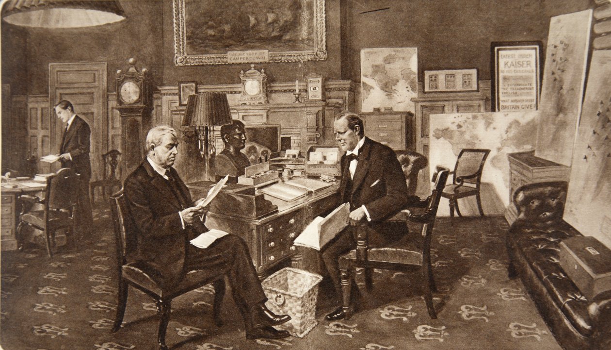 Winston Churchill úr az Admiralitásban lévő szobájában, a Kilverstone-i Lord Fisher Flotta admirálisával egyeztetve, a The Illustrated London News-ból, 1914. december 19. (fotónyomat) alkotó: English School