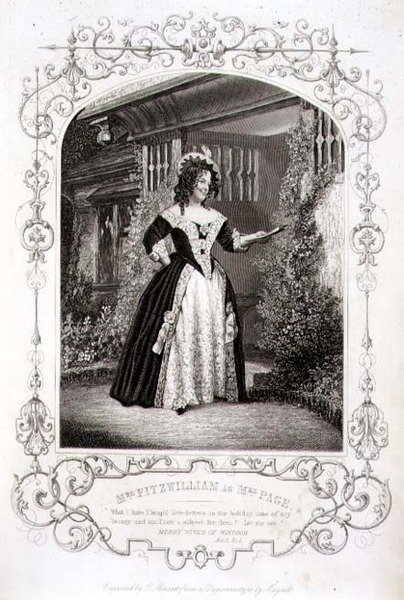 Mrs Fitzwilliam mint Mrs Page, II. felvonás 1. jelenet, William Shakespeare (1564-1616) „The Merry Wives of Windsor”-ban, amelyet Thomas Sherratt (fl.1860-80) metszett JP Mayall (1810-1901) dagerrotípiájából. metszés) alkotó: English School