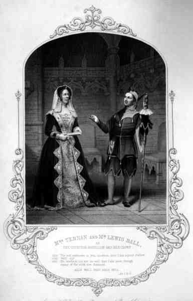 Ternanné Roussillon grófnőként és Lewis Ball bohócaként, I. felvonás 3. jelenete, William Shakespeare (1564-1616) Minden jól végződik című filmjében, D. Pound metszete Paine of Islington dagerrotípiájából (metszet) alkotó: English School