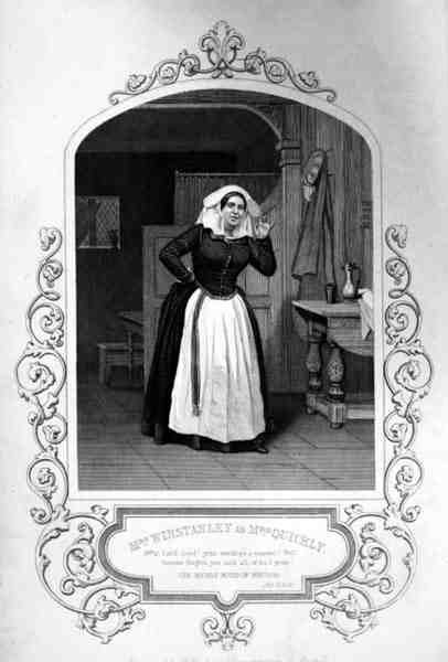 Mrs Winstanley mint Mrs Quickly, II. felvonás 2. jelenet, William Shakespeare (1564-1616) Windsori víg nők című művében, George Hollis (1792-1842) metszete J.P. Mayall (1810-1901) dagerrotípiájáról (metszet). alkotó: English School