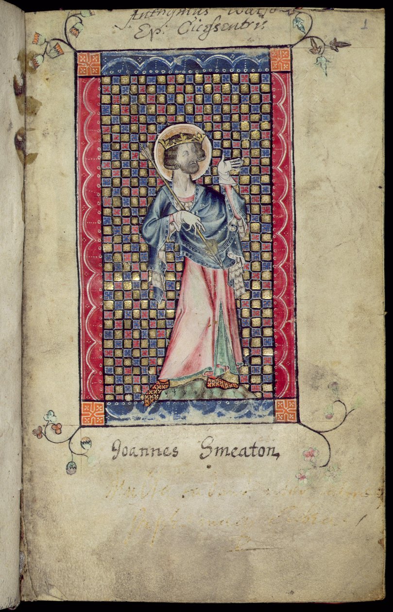 Ms 1-2005, f.1r: St. Edmund, miniatűr a Macclesfield Psalterből, Use of Sarum, East Anglia, 1330 körül alkotó: English School