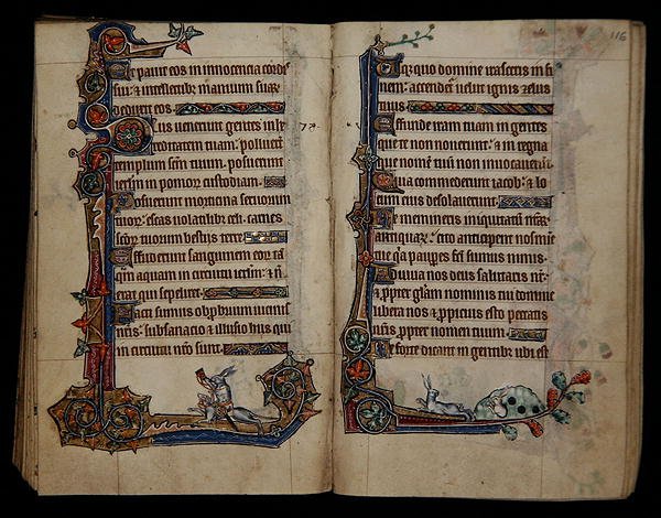 Ms 1-2005, ff.115v-116r: kutyán lovagló vadásznyúl, szélső díszítés a Macclesfield Psalterből, Use of Sarum, East Anglia, 1330 körül (vellum) alkotó: English School
