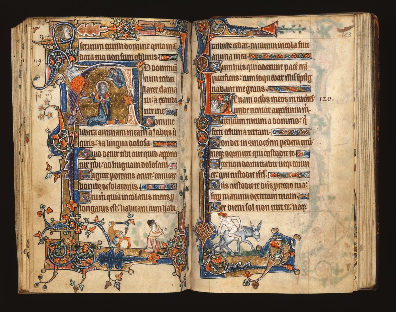 Ms 1-2005, ff.182v-183r: Dávid imádkozik, történetíró kezdőbetű a Macclesfield Psalterből, Use of Sarum, East Anglia, 1330 körül alkotó: English School