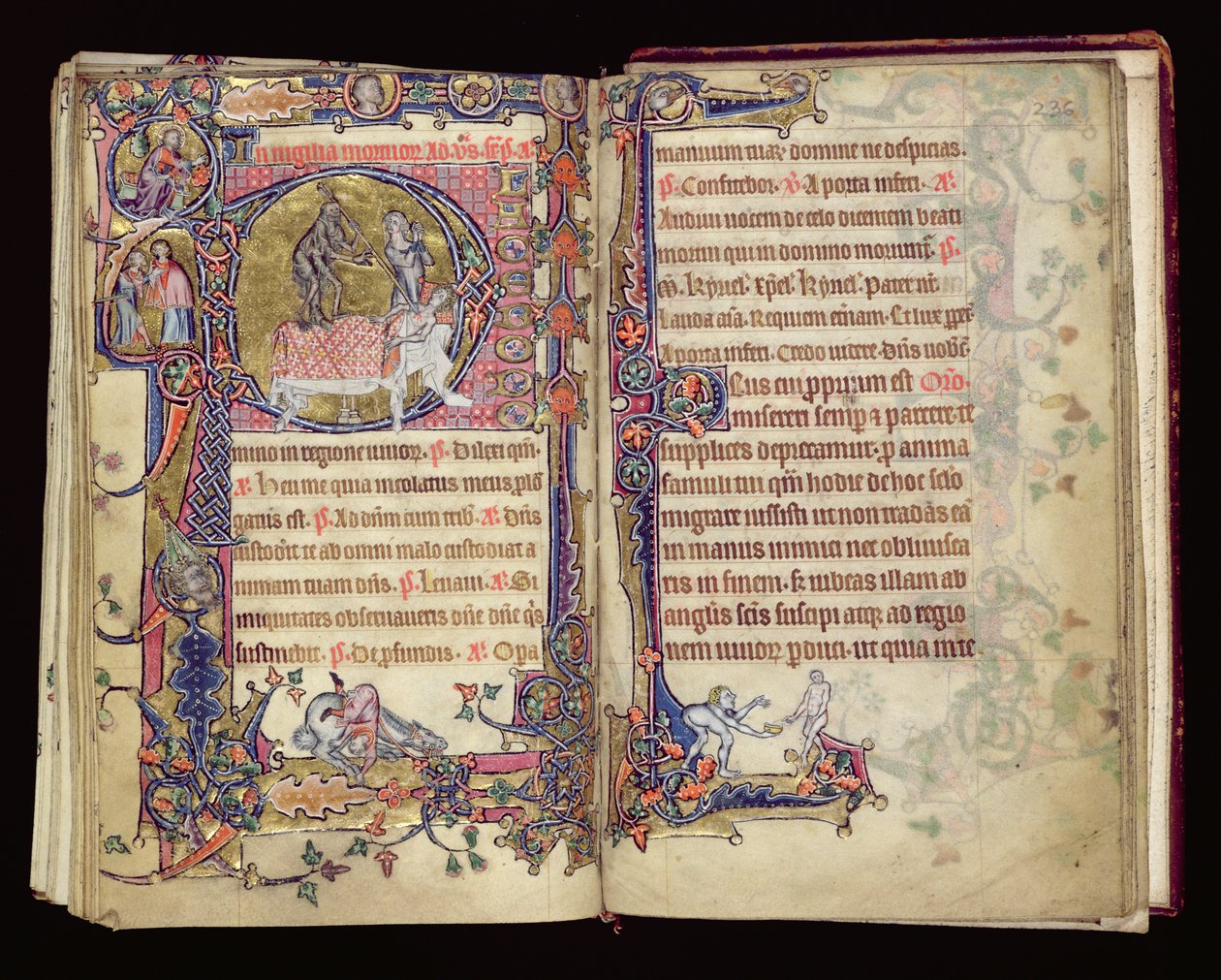 Ms 1-2005, ff.235v-236r: Death Striking, történetírásos kezdőbetű a Macclesfield Psalterből, Use of Sarum, East Anglia, 1330 körül alkotó: English School