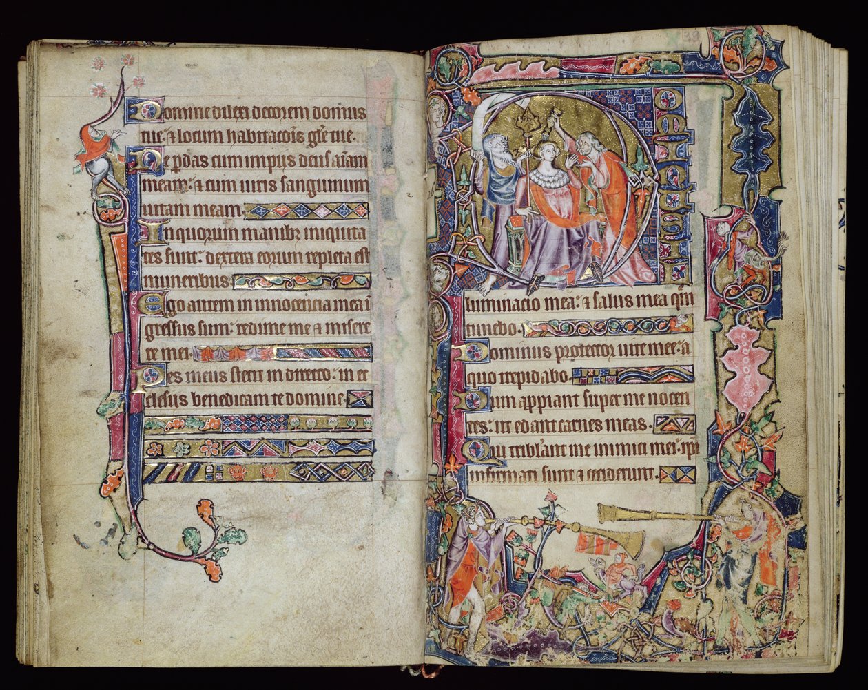 Ms 1-2005, ff.38v-39r: Dávid felkenése, történetileg D kezdőbetűje a Macclesfield Zsoltárból, Use of Sarum, East Anglia, 1330 körül alkotó: English School