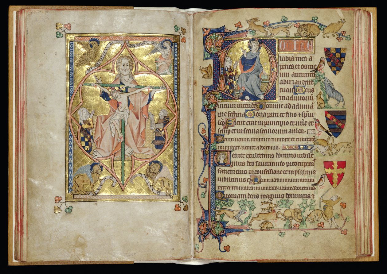 Ms 242 ff.28v-29r The Trinity and the Throne of Mercy, történeti D kezdőbetűben, Packham-Clifford Hours, Use of Sarum, 1314-31 körül (aranylevél és tempera pergamenen) alkotó: English School