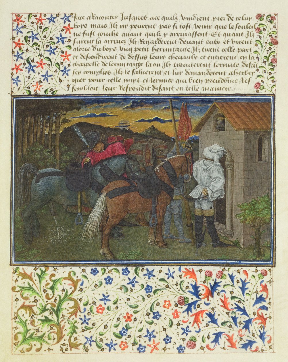 Ms. 2597 Szív, vágy és nagylelkűség, késő este, a Remete cella előtt, Rene dAnjou Livre du Coeur dAmours Espris fakszimile kiadása alkotó: English School