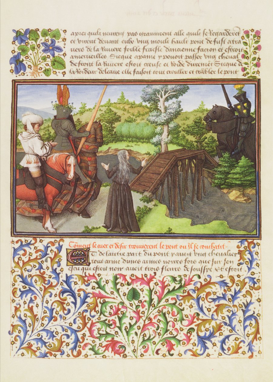 Ms. 2597 Szív, vágy és melankólia a hídnál Veszélyes séta, amelyet a Knight Soulcy őriz, Rene dAnjou Livre du Coeur dAmours Espris fakszimile kiadása alkotó: English School