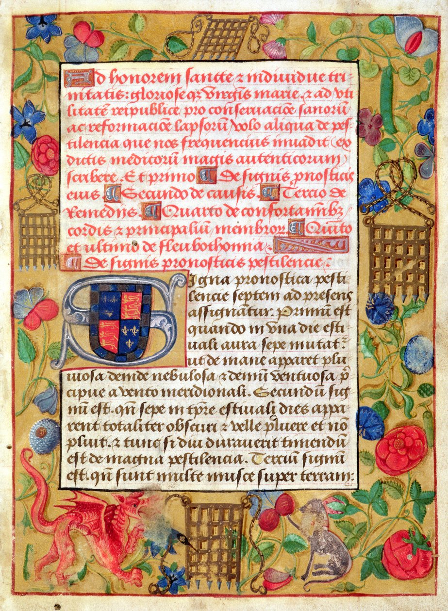 Ms 261 fol.1r oldal a pestistraktusok latin és angol nyelvű gyűjteményéből, 1500 körül alkotó: English School