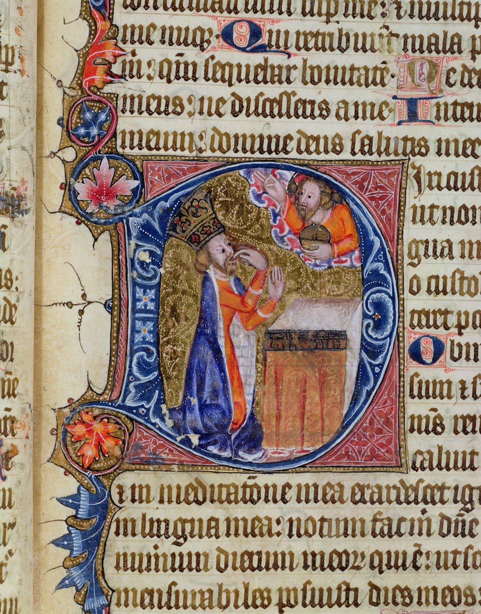 Ms 26 f.22r. 38. zsoltár, Dávid a szájára mutat, a Ramsey Abbey Zsoltárból, 1380 körül alkotó: English School