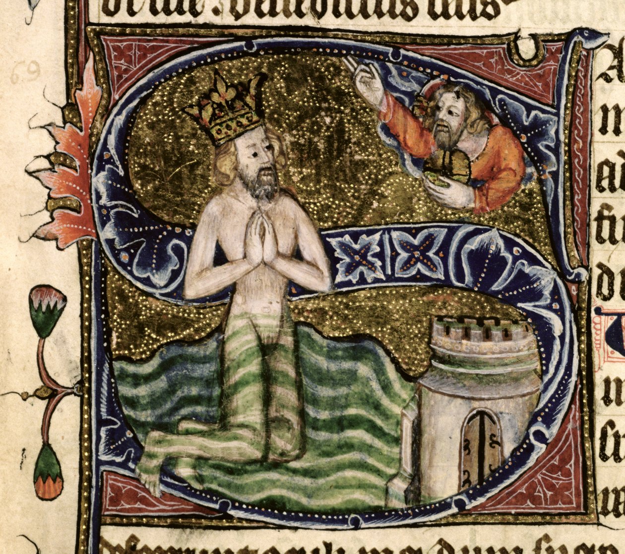 Ms 26 f.34r. 68. zsoltár, Dávid vízbefulladása, a Ramsey Abbey Zsoltárból, 1380 körül alkotó: English School