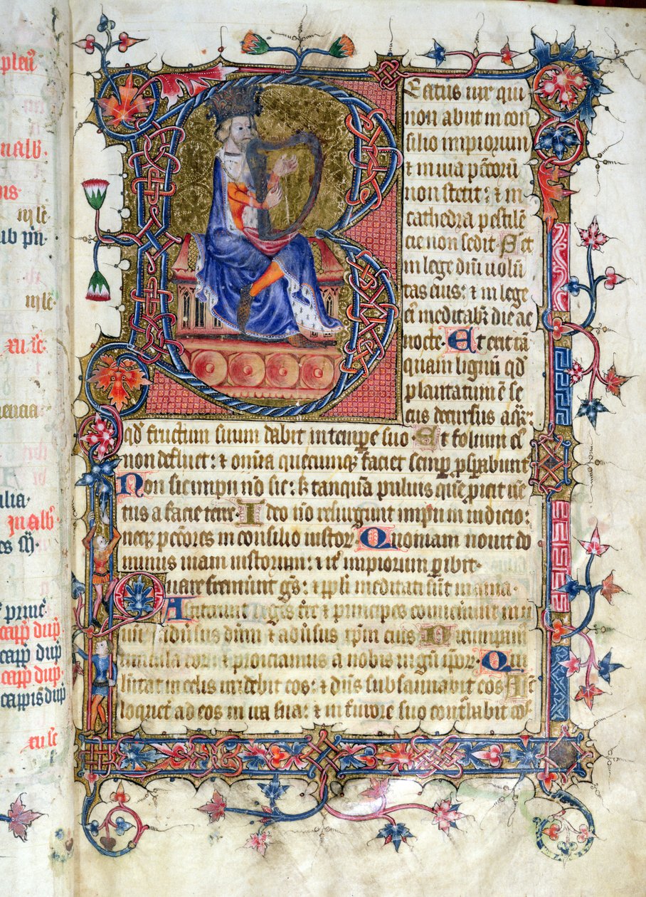 Ms 26 fol.7r. 1. zsoltár, David hárfa, a Ramsey Abbey Zsoltárból, 1380 körül alkotó: English School