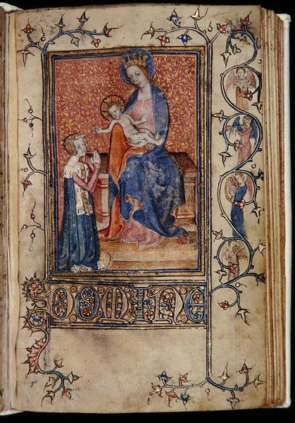 Ms 48, f.86r: A kézirat tulajdonosa a Szűzanyához és a Gyermekhez imádkozik, a Carew-Poyntz Hours-ból, Sarum használata, 1390-1400 körül (vellum) alkotó: English School