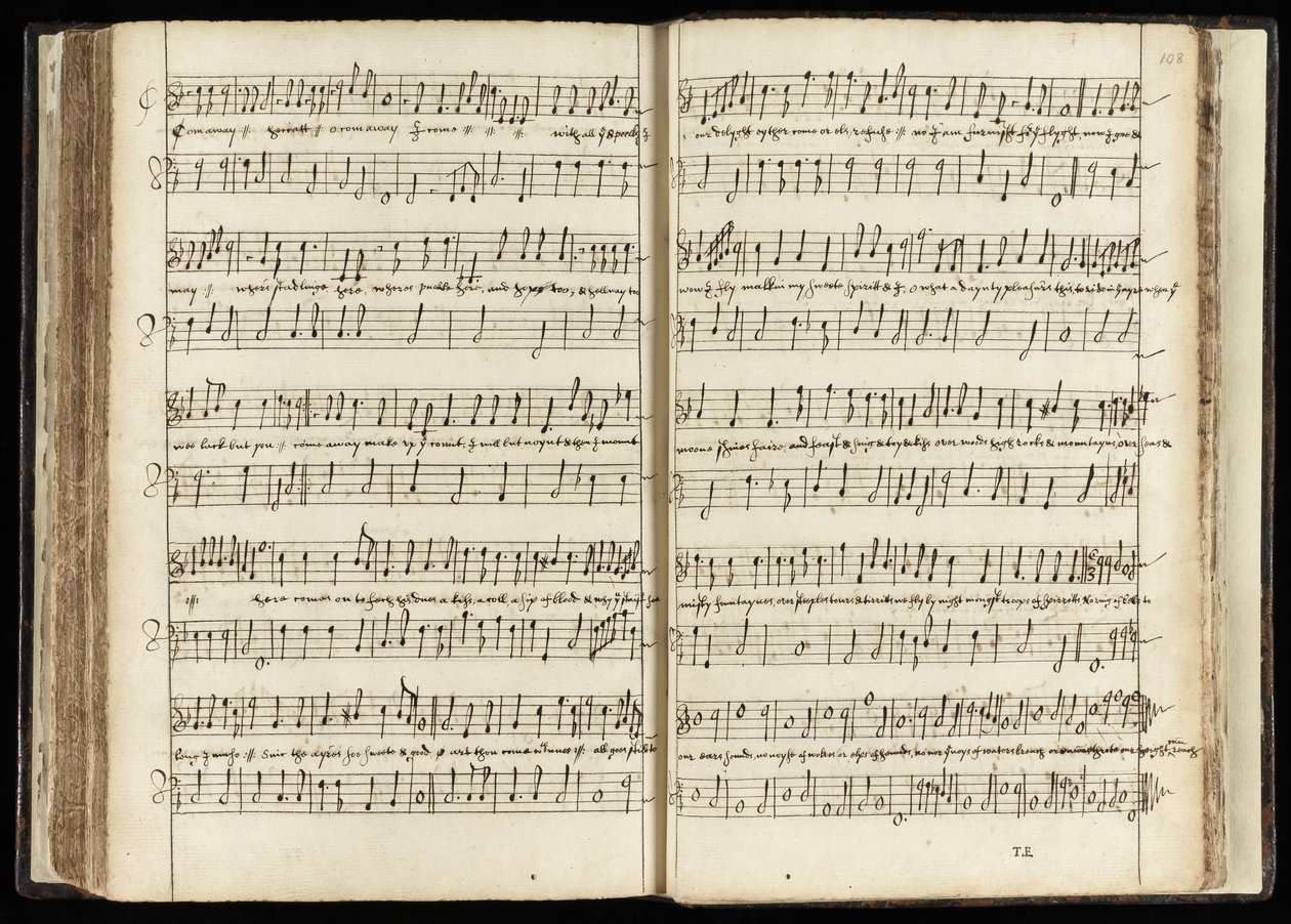 Ms 782 ff.107v-108 „Gyere el, gyere el Hecate”, kotta a „Macbeth”-hez (tintával papíron) alkotó: English School