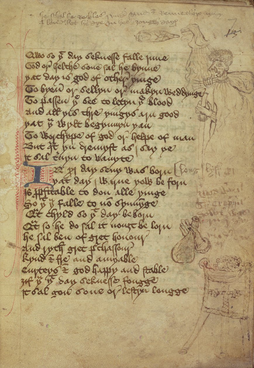 Ms. Harley 1735 fol.7r Oldal egy orvosi jegyzetfüzetből középangol nyelven (vellum) alkotó: English School