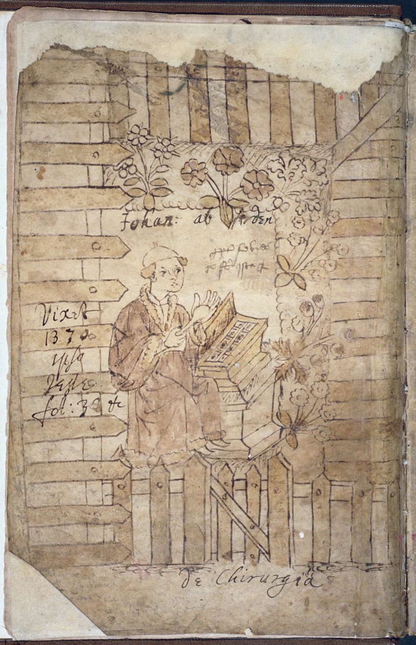 Ms Hunter 112 f.1v Arderne a Füvészkertben, Johannis Arderne Incerti Avctoris formája alkotó: English School