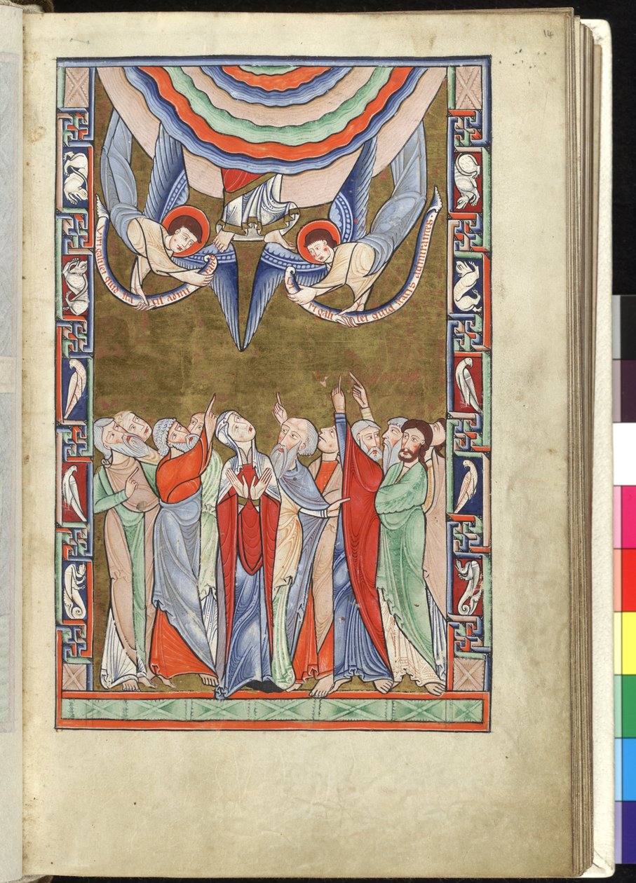 Ms Hunter 229 f.14r The Ascension, a Hunterian Psalterből, 1170 körül (toll, tinta és tempera pergamen) alkotó: English School