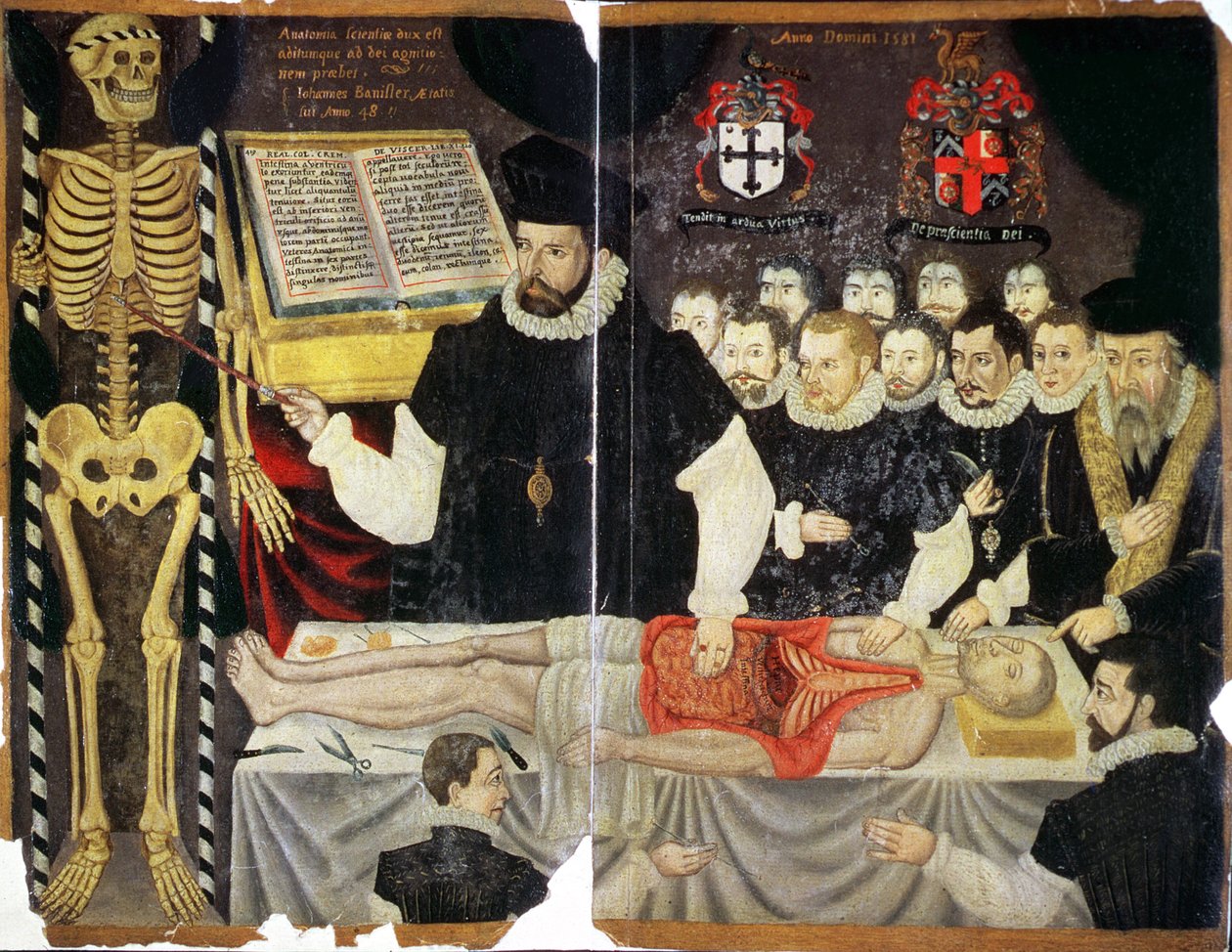 Ms Hunter 364 Top v14 fol.59 Frontispiece, John Bannister előadás boncolással (olaj barna papíron) alkotó: English School