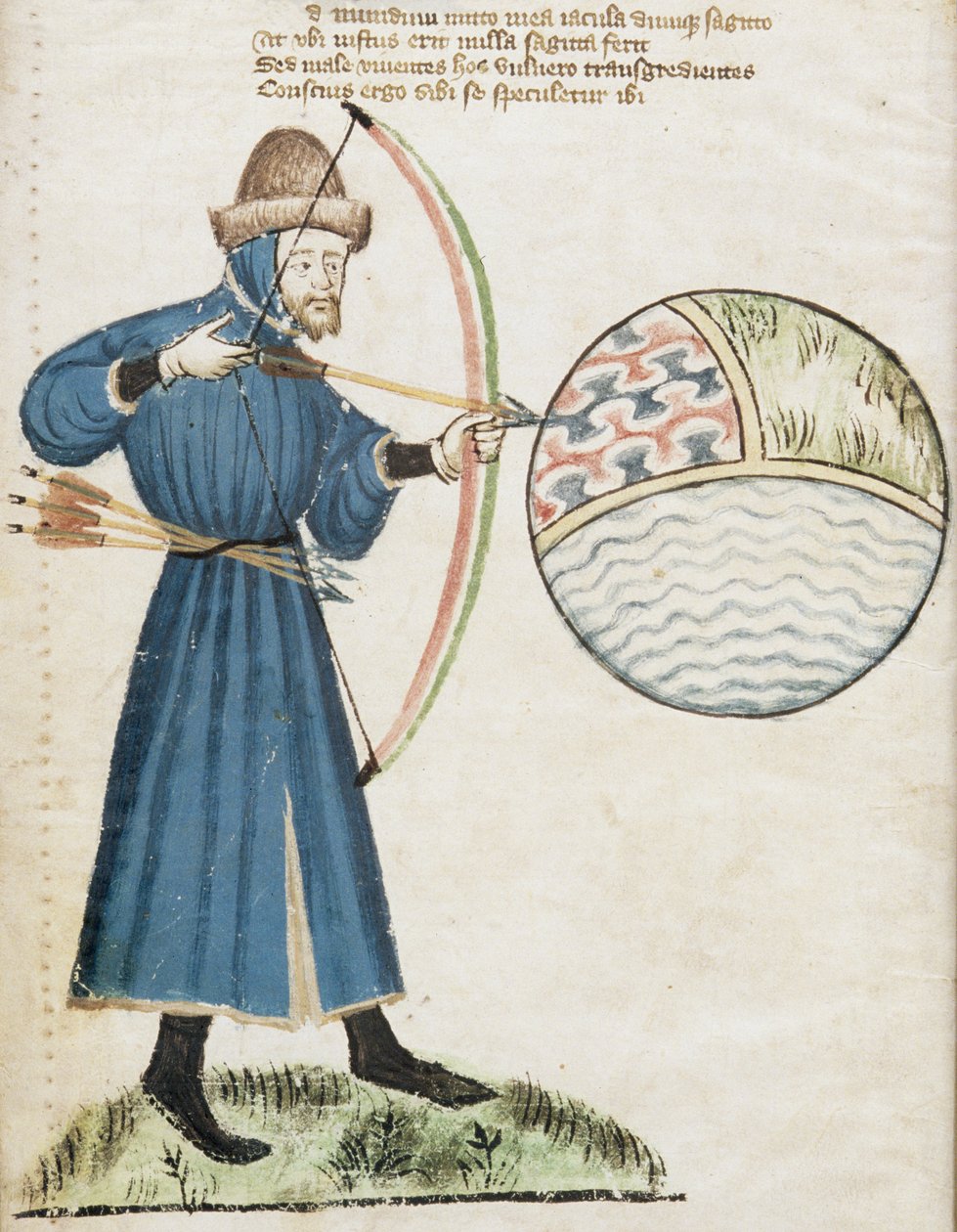Ms Hunter 59 f.6v íjász lő egy földgömbre, a Vox Clamatistól, John Gower (1330-1408) alkotó: English School