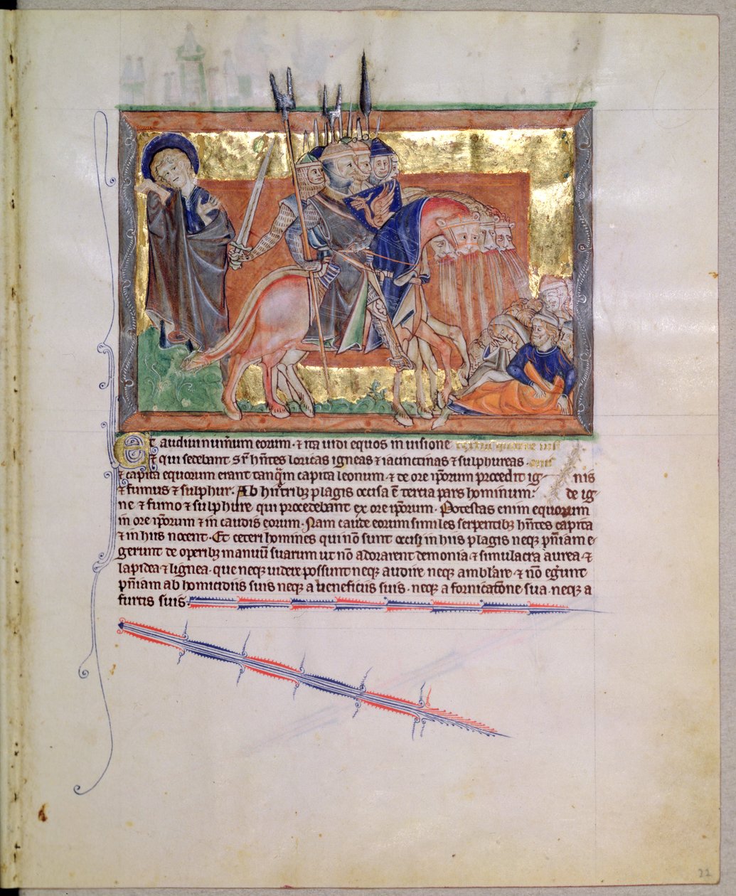 Ms L.A. 139-Lisboa fol.20 Lovasok serege, a Gulbenkian Apokalipszisből, 1256-70 körül alkotó: English School