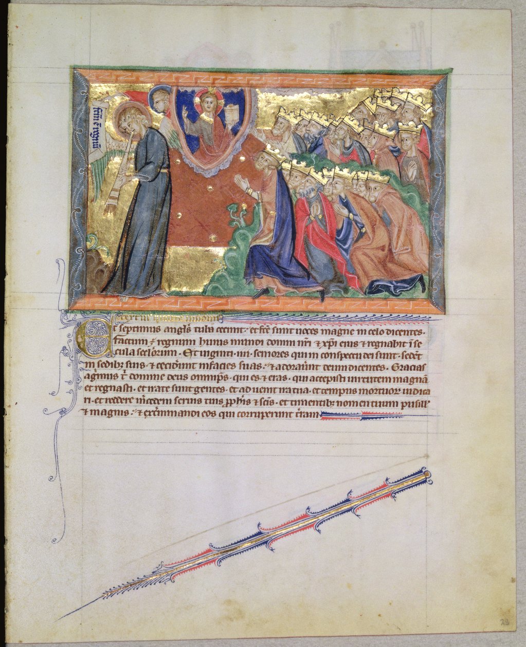Ms L.A. 139-Lisboa fol.28 A 7. angyal trombitáját fújja és a 24 Istent imádó vén a Gulbenkian Apokalipszisből, 1265-70 körül alkotó: English School