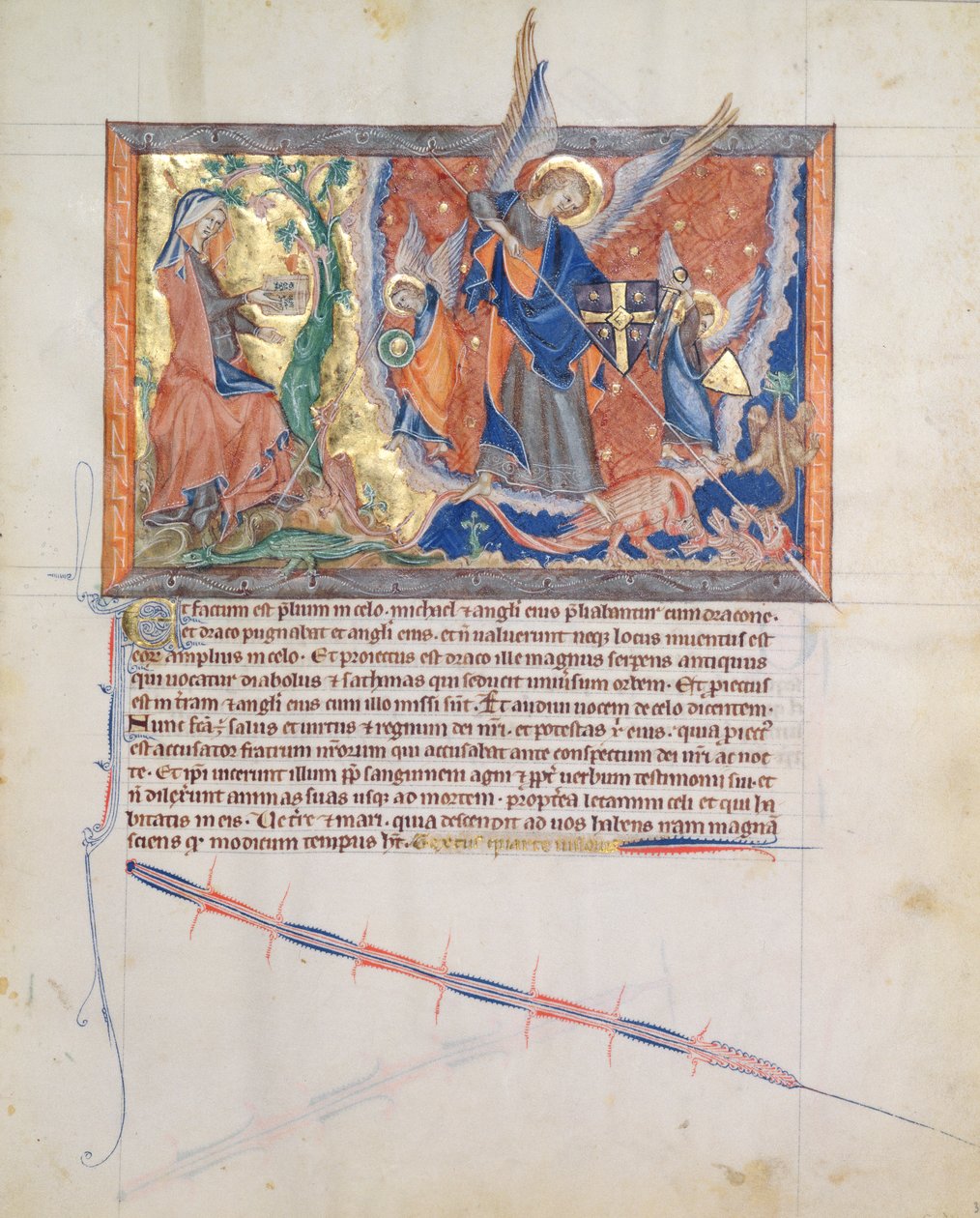 Ms L.A. 139-Lisboa fol.30 A sivatagban elrejtett nő, miközben Mihály arkangyal harcol a sárkánnyal a mennyben, a gulbenki apokalipszisből, 1265-70 körül alkotó: English School