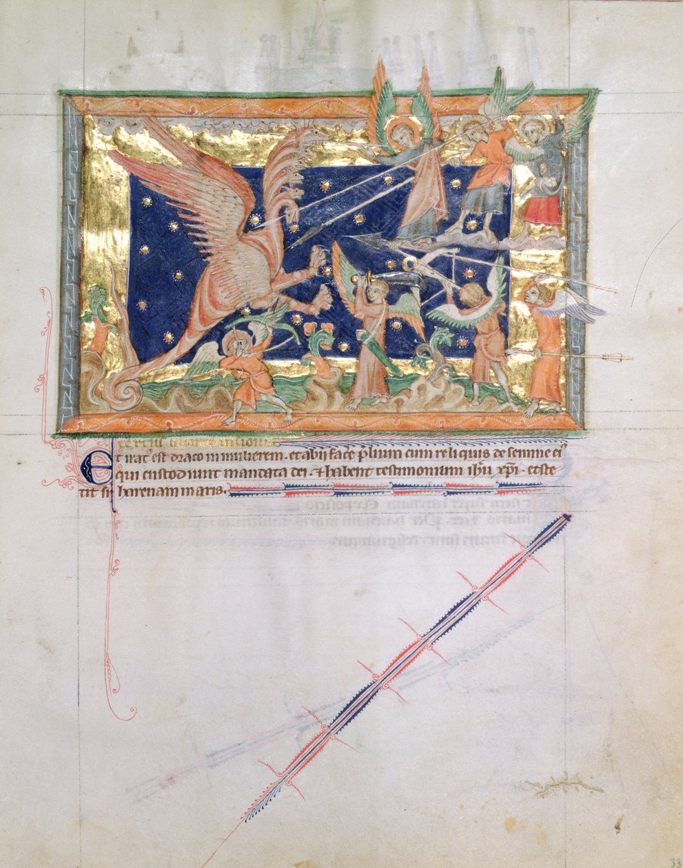 Ms L.A. 139-Lisboa fol.33 A sárkány, aki háborút vív a hívekkel, a gulbenki apokalipszisből, 1265-70 körül alkotó: English School