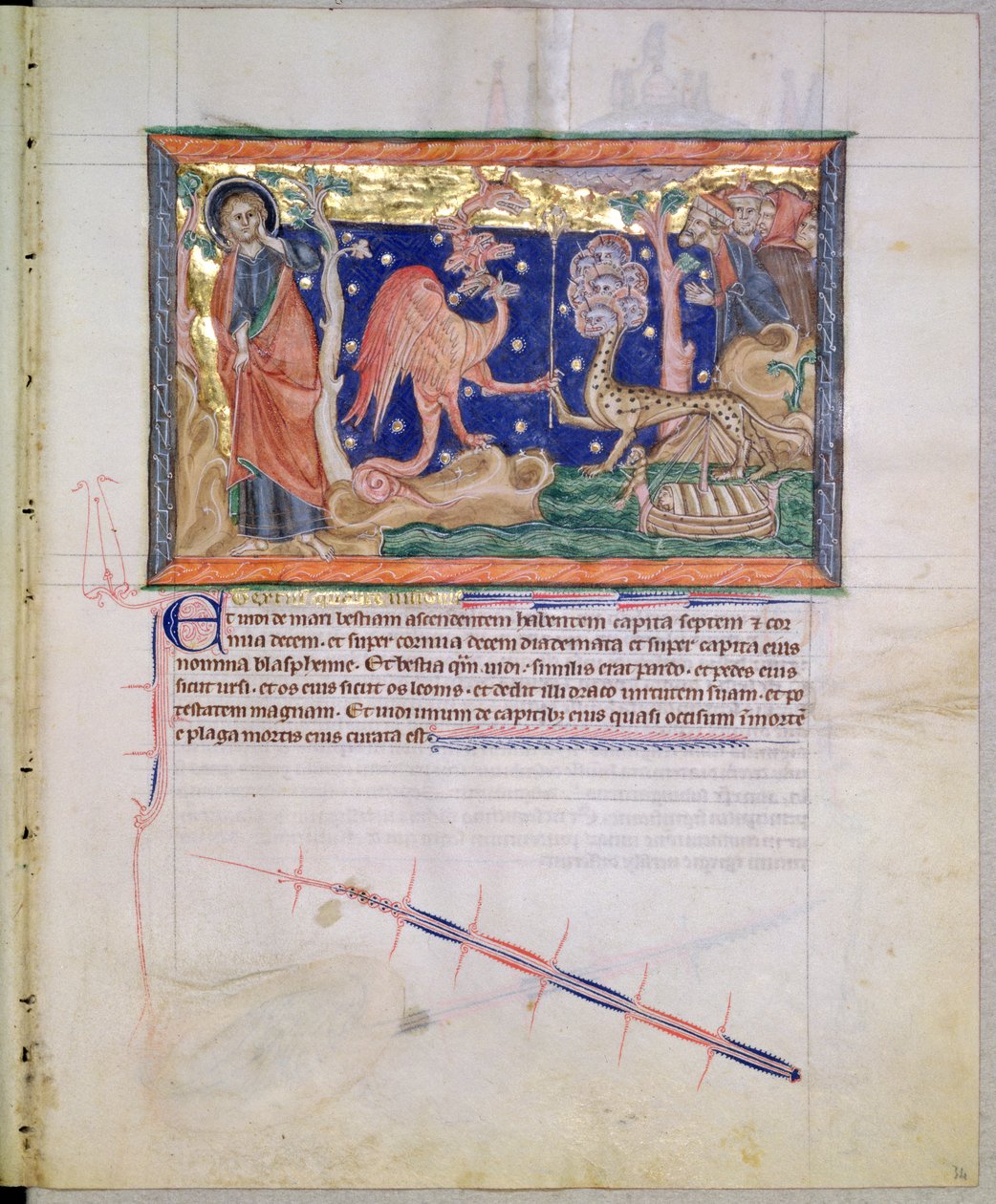 Ms L.A. 139-Lisboa fol.34 A vörös sárkány, aki átadja hatalmát a tenger fenevadának, a gulbenki apokalipszisből, 1265-70 körül alkotó: English School