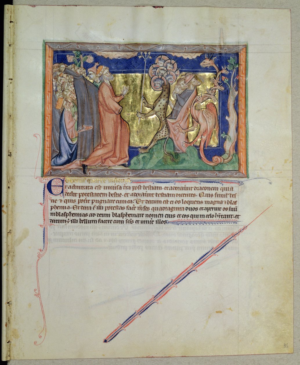 Ms L.A. 139-Lisboa fol.35 A fenevadat és a sárkányt imádó emberek a gulbenki apokalipszisből, 1265-70 körül alkotó: English School
