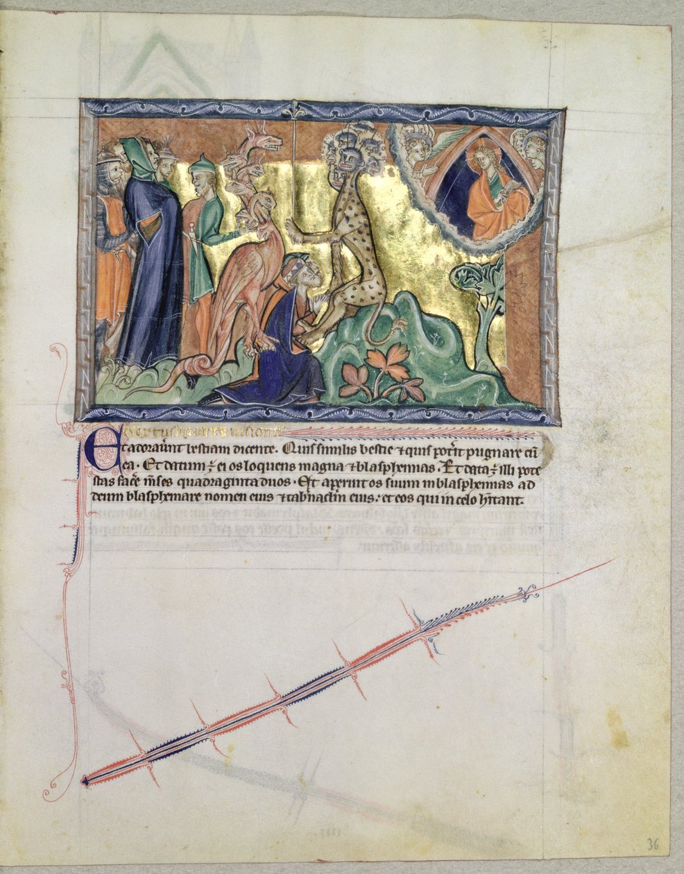 Ms L.A. 139-Lisboa fol.36 Az Úr nézi, ahogy az emberek imádják a tenger vadállatát a vörös sárkány jelenlétében, a Gulbenkian Apokalipszis, 1265-70 körül alkotó: English School