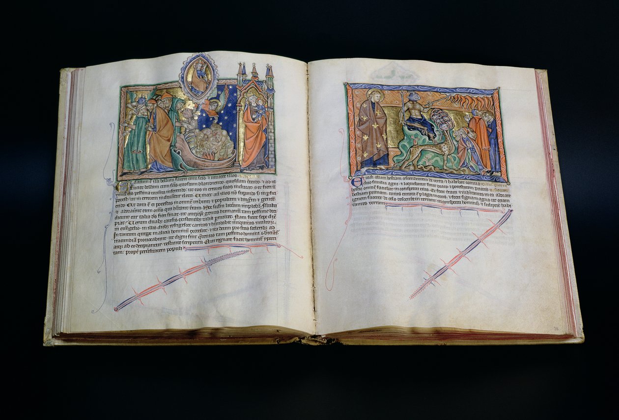Ms L.A. 139-Lisboa fol.37 v-38 Az Isten nevét káromló fenevad, valamint a 3. és 2. fenevadat imádó emberek a gulbenki apokalipszisből, 1265-70 körül alkotó: English School