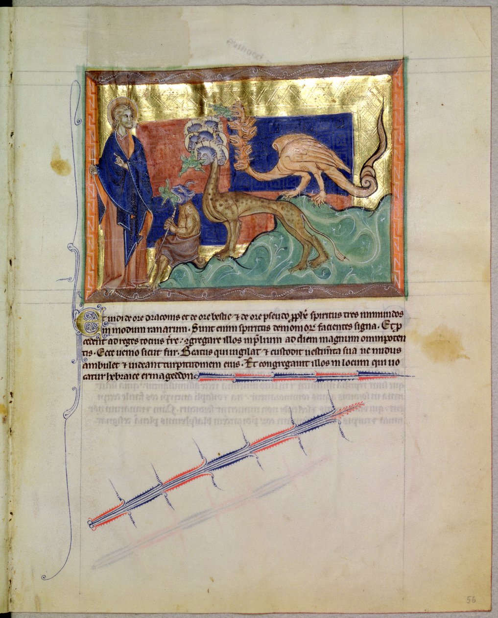 Ms L.A. 139-Lisboa fol.56 Szent János evangélista békákat néz a 3 vadállat szájából, a Gulbenkian Apokalipszisből, 1265-70 körül alkotó: English School