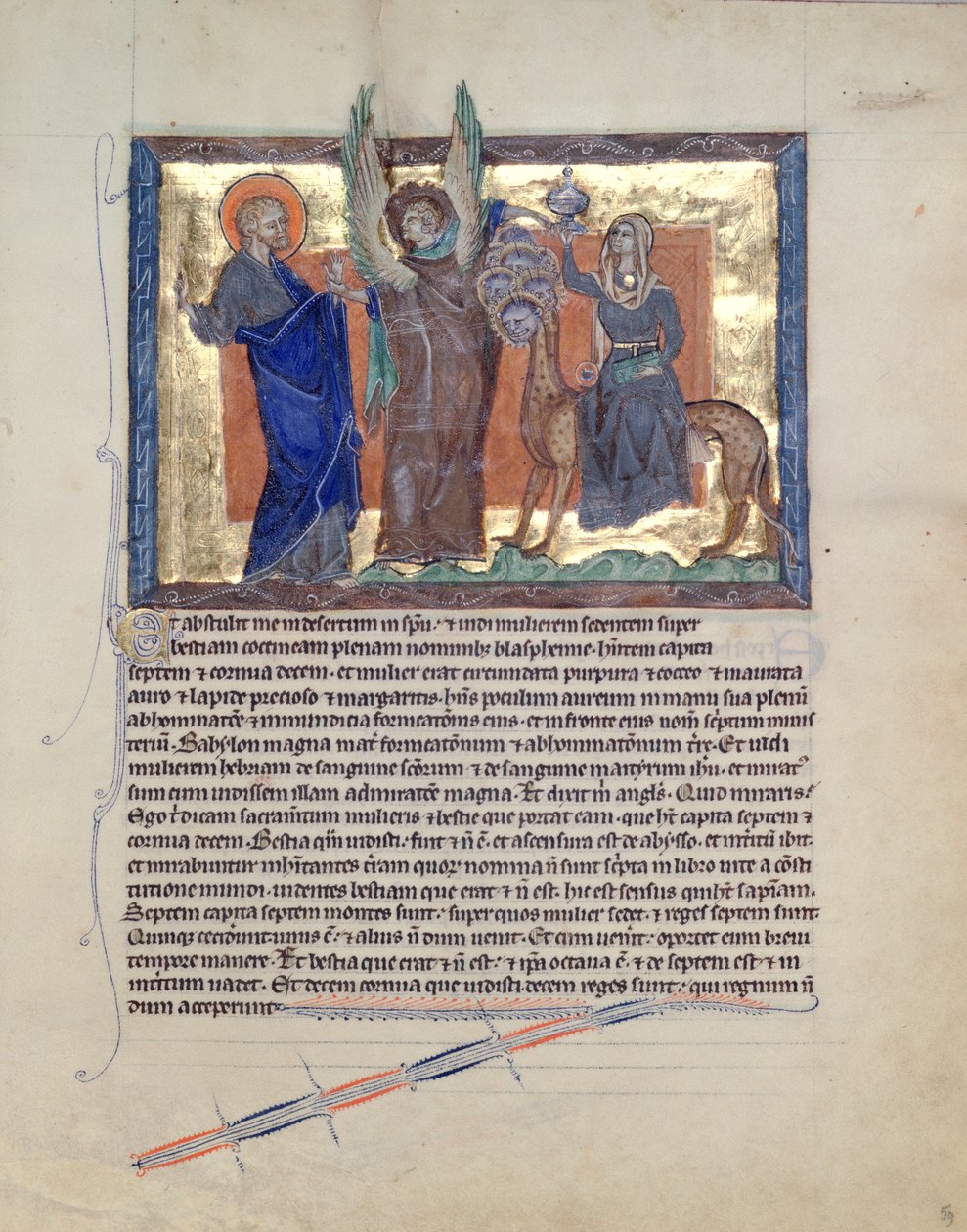 Ms L.A. 139-Lisboa fol.59 Egy angyal, aki Szent János evangélistát vezeti Babilon paráznájához, a gulbenki apokalipszisből, 1265-70 alkotó: English School