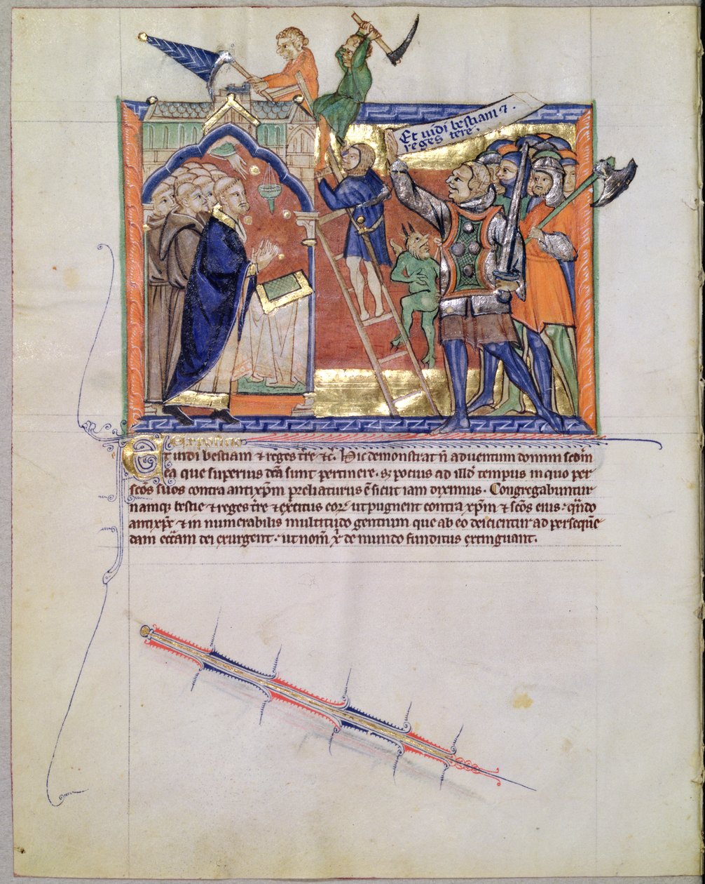 Ms L.A. 139-Lisboa fol.66 Az isteni harcos, aki sereget vezet azok ellen, akik megtámadják a híveket, a gulbenki apokalipszisből, 1265-70 körül alkotó: English School