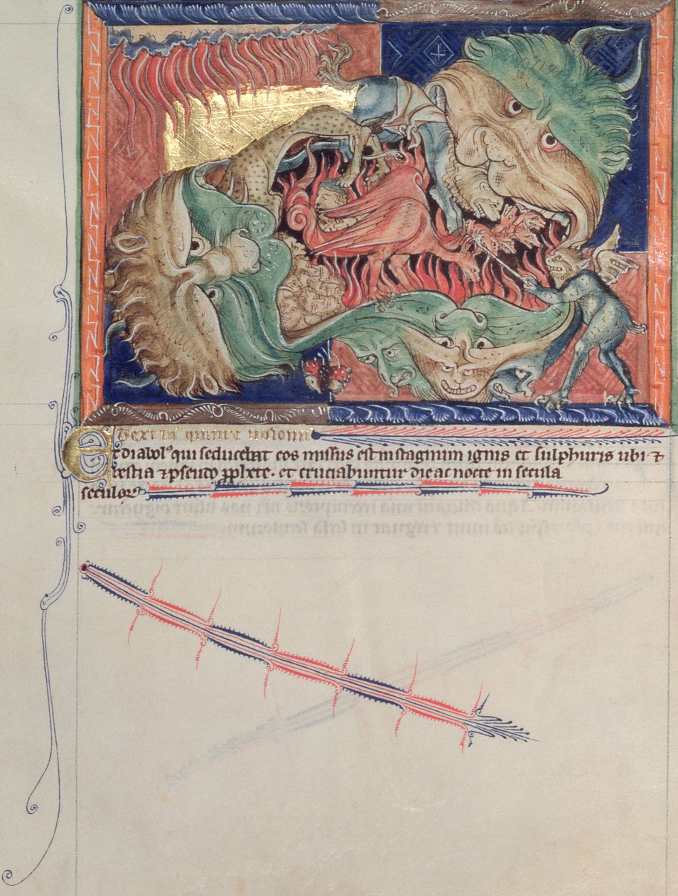 Ms L.A. 139-Lisboa fol.71 A pokol állkapcsa elnyeli a vörös sárkányt, a tenger vadállatát és a föld vadállatát, a gulbenki apokalipszisből, 1265-70 körül alkotó: English School