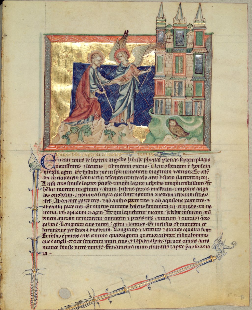 Ms L.A. 139-Lisboa fol.74 Egy angyal, aki az Új Jeruzsálemet mutatja Szent János evangélistának, a Gubenkian Apokalipszisből, 1265-70 alkotó: English School