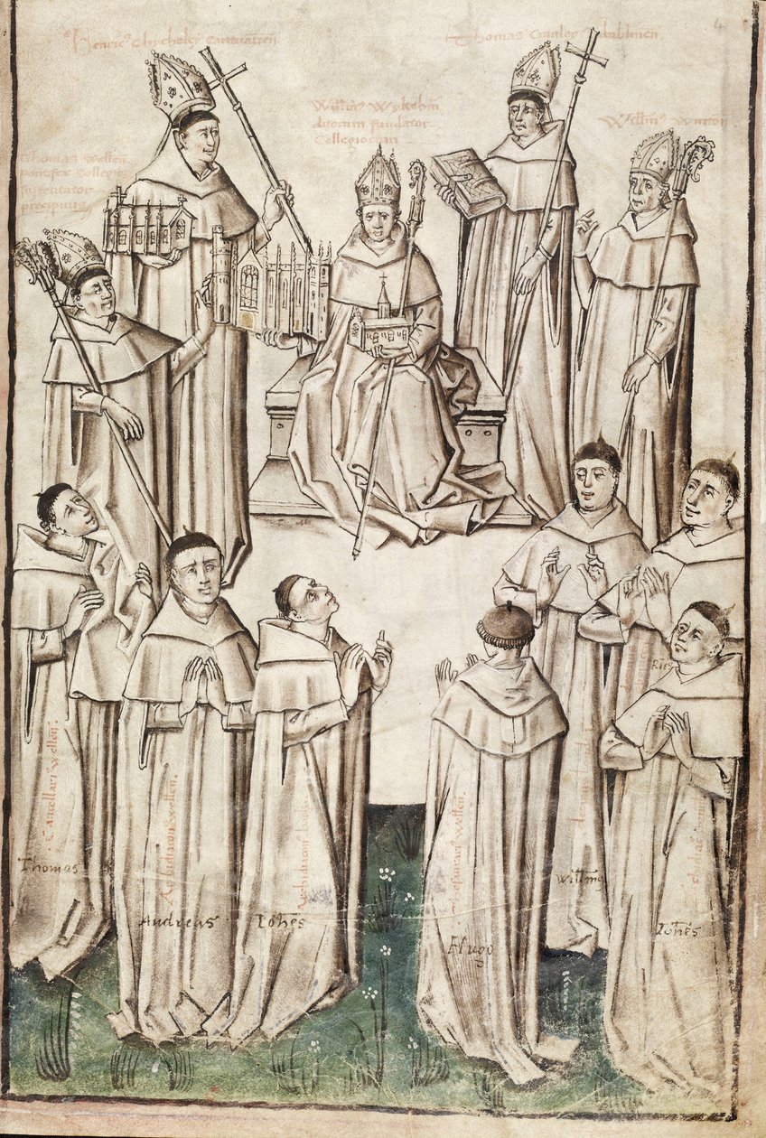 Ms. New Coll 288, f4r. (Chaundler-kézirat), William of Wykeham élete, Thomas Chaundler (toll, tinta és tempera pergamen) alkotó: English School
